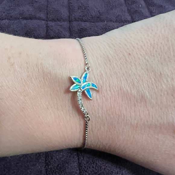 New, Unworn: Silver CZ Blue Opal Paua Shell Palm Tree Adjustable Bracelet/Anklet - Picture 2 of 3